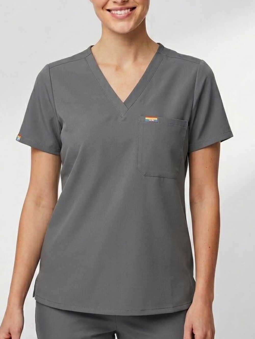 Figs Catarina Scrub Top Medium Women Gray Charcoal Pride Rainbow Stitch V-Neck